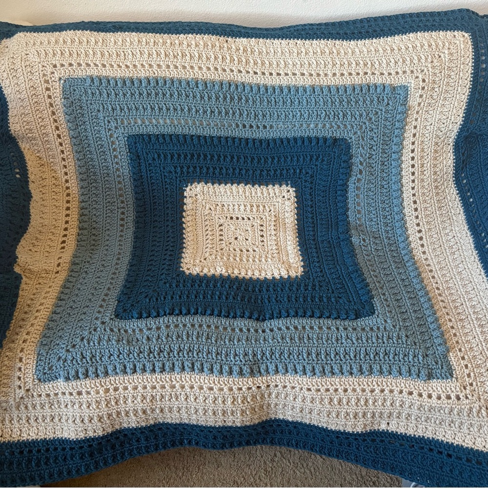 Hand Crafted Blue and Cream Crochet Blanket